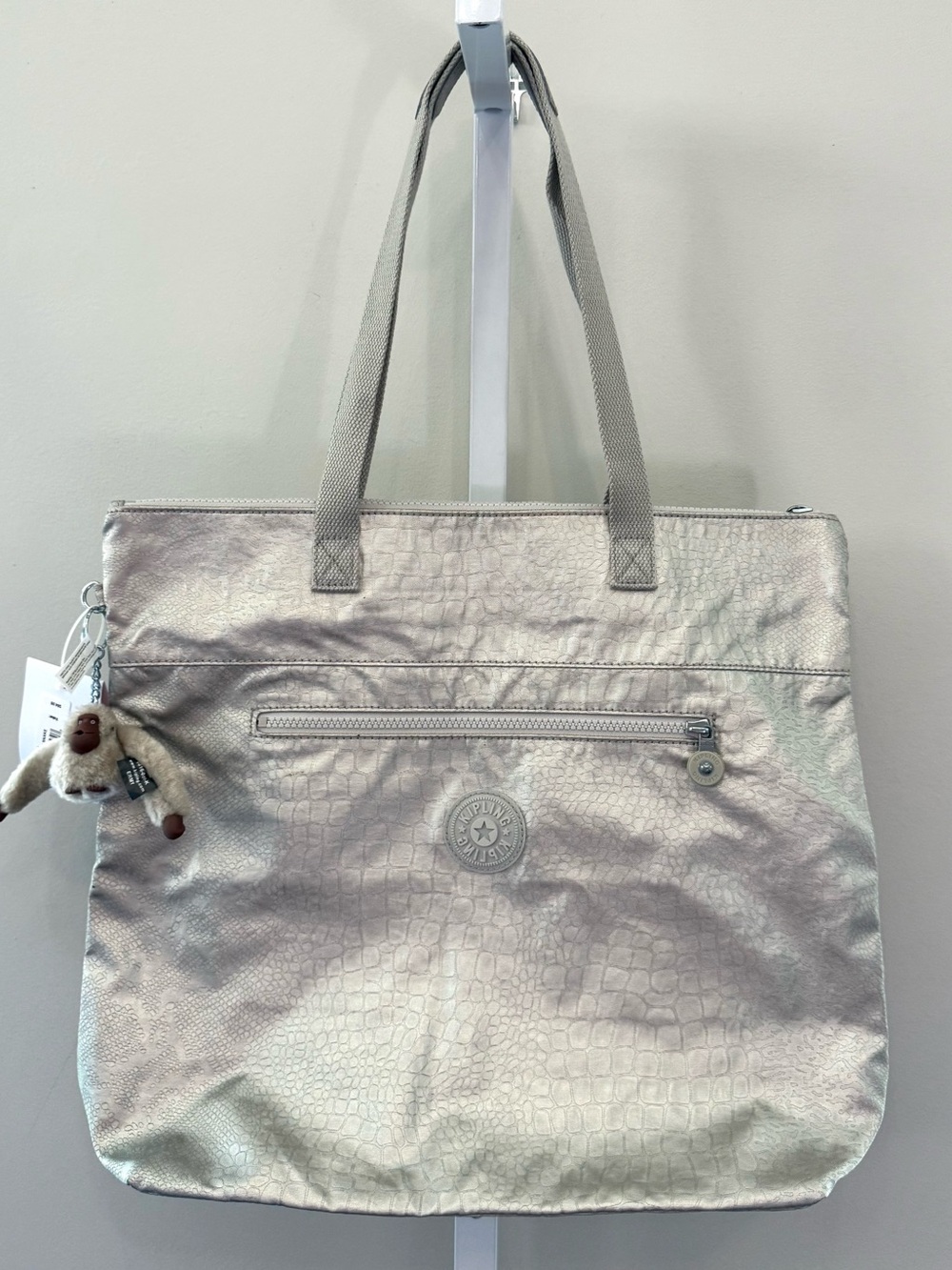 Kipling Asseni Medium Silver Metallic Nylon Tote Bag Laptop Travel OS